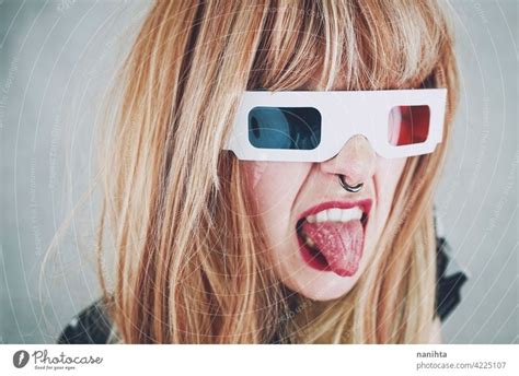 Young Woman Wearing Vintage 3d Glasses A Royalty Free Stock Photo