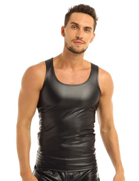 Mens Faux Leather Sleeveless Top Vest Sports Muscle Tank Shirt