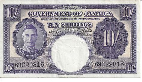The notes retained the same colours as the notes issued by the government of jamaica in 1940 in that the 5 shilling was red, the 10 shilling, purple, the 1 pound, green and the 5 pound, blue. Jamaica Currency
