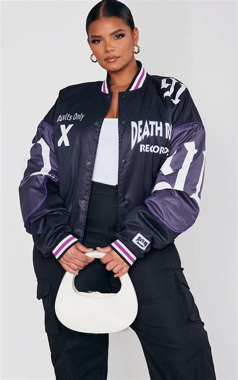 Plus Black Deathrow Records Graphic Bomber Jacket Prettylittlething Aus