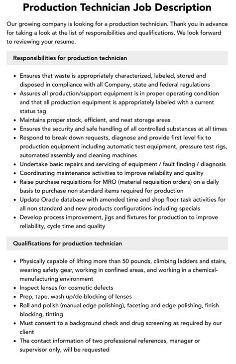 Production Technician Job Description Velvet Jobs