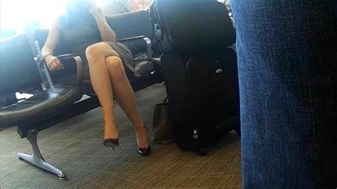 Candid Sexy Crossed Legs And Feet In Heels At Airport De