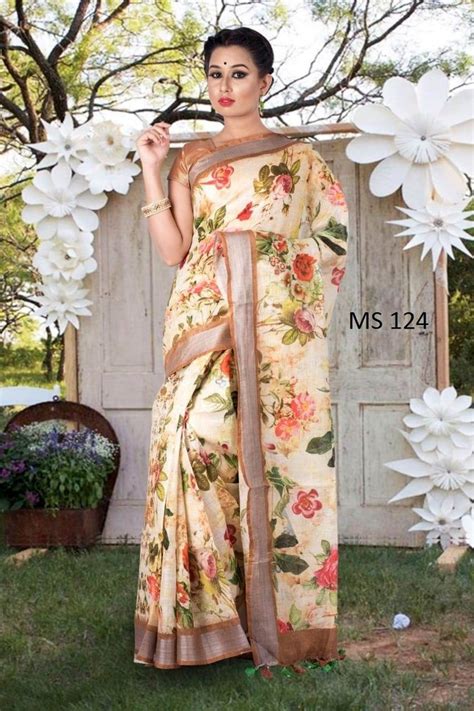Linen Floral Digital Print Saree With Print Blouse Piece Length 63 M