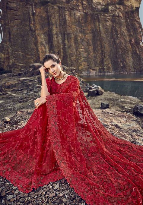 Red Embroidered Net Saree With Blouse Lilots 3153393
