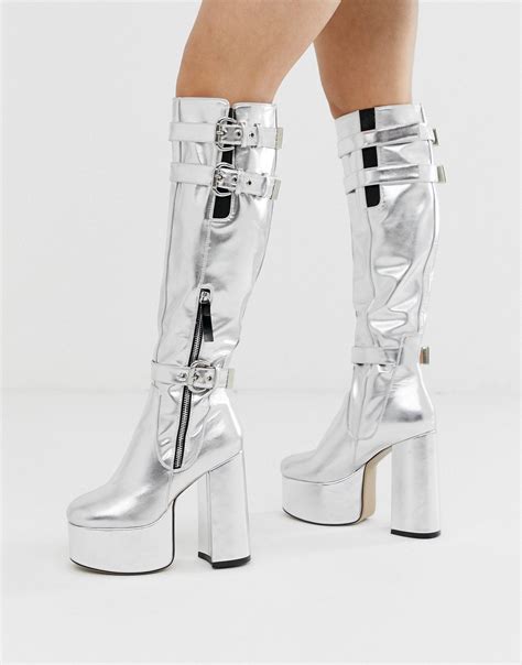 Lamoda Silver Platform Knee High Boots In Metallic Lyst