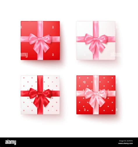 Set Of Gift Boxes With Silk Bows In Realistic Style Top View Vector