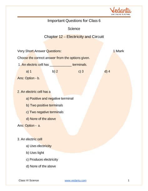 Important Questions For Cbse Class 6 Science Chapter 12 Electricity