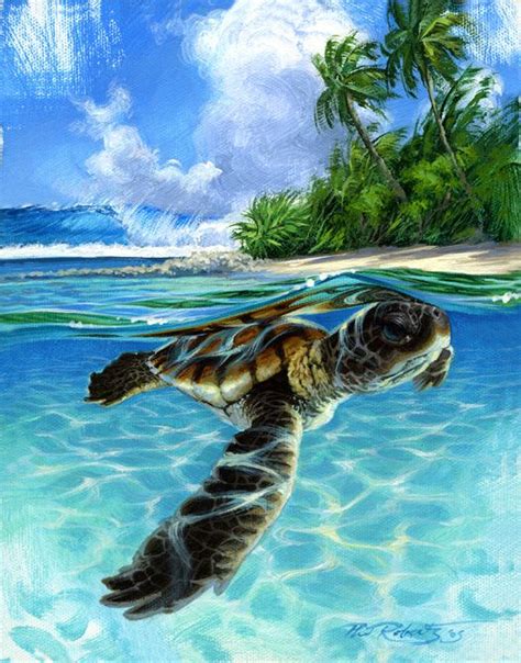 Baby Sea Turtle Swimming Surf Art Painting By Phil