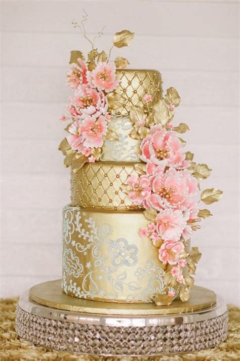 15 Gorgeous Gold Wedding Cakes With Floral Details