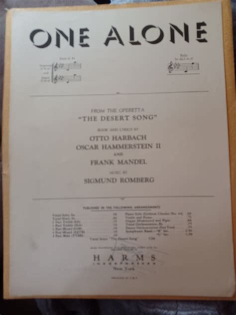 One Alone From The Operetta The Desert Song Sigmund Romberg Vintage Sheet Music Ebay