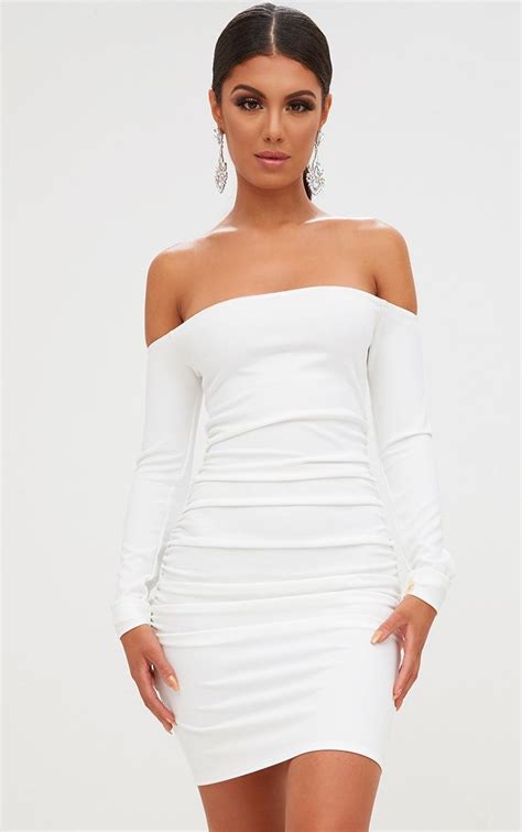 White Long Sleeve Ruched Bardot Bodycon Dress Ruched Dress Outfit White Bodycon Dress Outfit