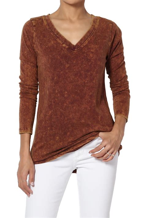 Themogan Women S S~3x Mineral Wash Cotton Jersey V Neck Long Sleeve Top