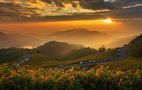 Wallpaper Road The Sun Clouds Landscape Sunset Flowers Mountains