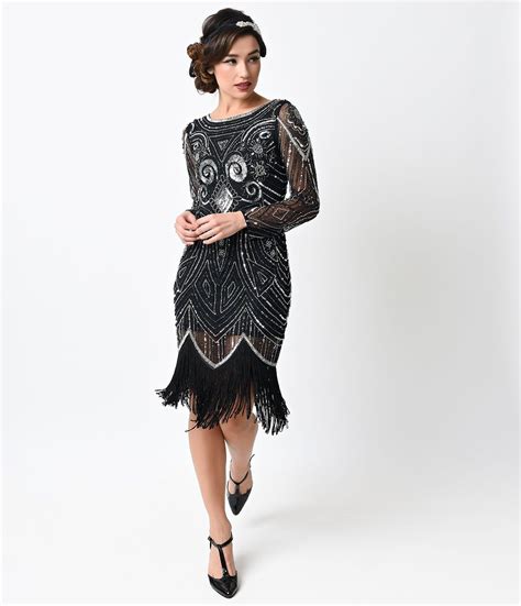 This Is So Awesome Mom 1920s Style Black And Silver Hand Beaded Long Sleeve Karyn Flapper Dress