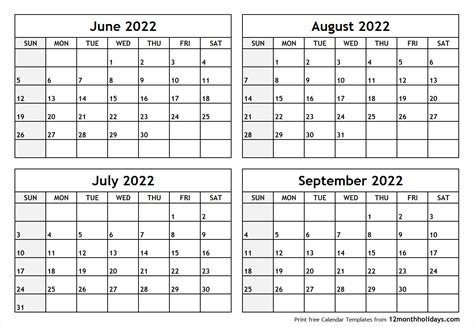 Printable Calendar June July August September 2022 April Calendar 2022