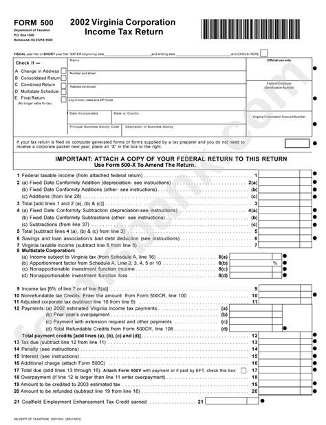 Form 500 Virginia Corporation Income Tax Return 2002 Printable Pdf