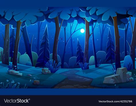 Night Forest Landscape With Plants And Trees Dark Vector Image