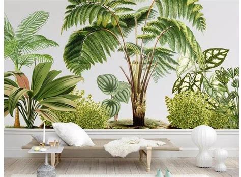 Hand Painted Tropical Plants Wallpaper Wall Mural Green Tropical Palm
