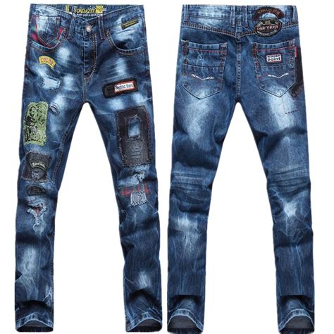 2017 2016 patchwork jeans for men stylish printed hole skinny denim designer fashion brand