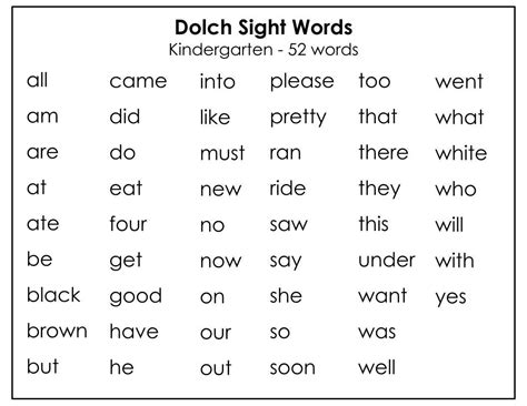 Printable Dolch Kindergarten Sight Words Flashcards 52 Cards Child