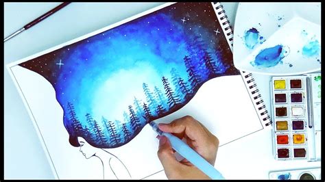 Easy Watercolor Galaxy Forest Double Exposure Youtube