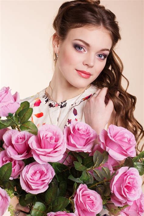 Pretty Young Girl With Pink Roses Stock Image Image Of Happy Health