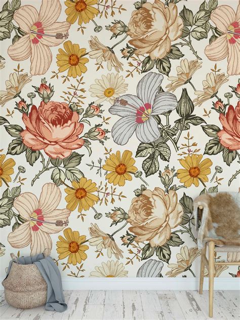 Vintage Floral Wallpaper Peel And Stick Botanical Beige Etsy