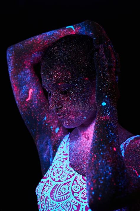 Art Woman Cosmos In Ultraviolet Light Entire Body Is Covered With