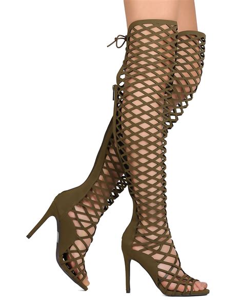 shoes breckelles fi53 women leatherette thigh high peep toe lace up cut out stiletto boot