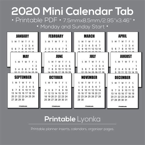 Thank you for choosing our printable calendar organizer: 2020 Mini calendar tab/Size 2.95 x 3.46 inch/Printable PDF