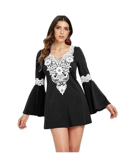 Crochet Front Flare Sleeve Short Dress Black 3p80036417 Size S