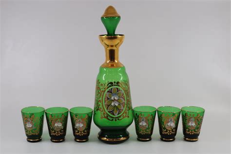 lot vintage murano green glass decanter set italy with 24kt gold