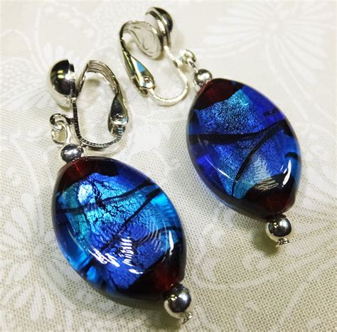 Lampglass Deep Blue Beads Dangle Earrings With Clip On Etsy Beaded