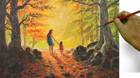 Mother And Child Walk In The Autumn Forest Acrylic Landscape Painting