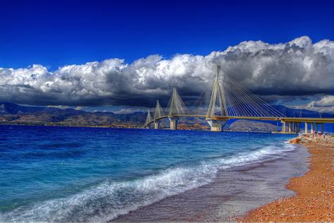 Greece Gulf Of Corinth Cable Stayed Bridge Rio Antirio Water