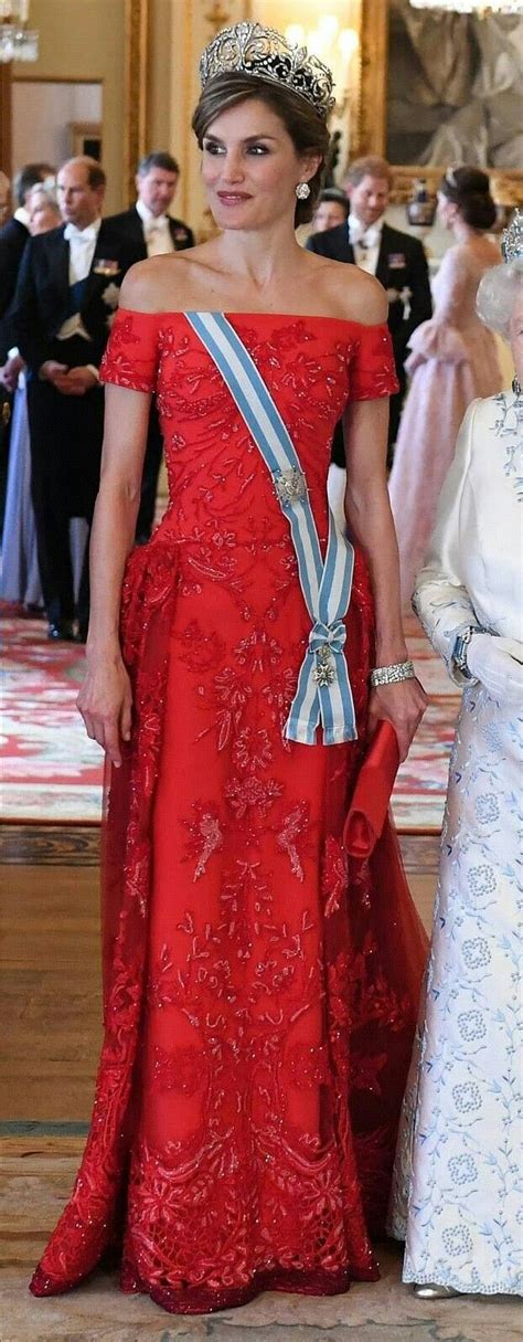 Queen Letizia Red Off The Shoulder Gown By Felipe Varela Magrit