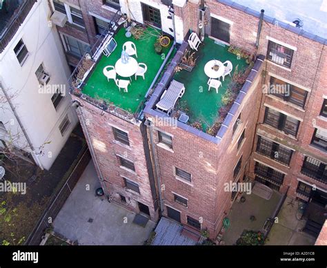 Top View Of Manhattan Apartment Building Rooftop Gardens New York City