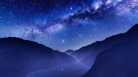 Starry Night Sky With Milky Way Over Mountain Lake Stock Illustration