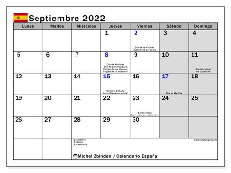 Calendario Septiembre De 2022 Para Imprimir “españa” Michel Zbinden Es