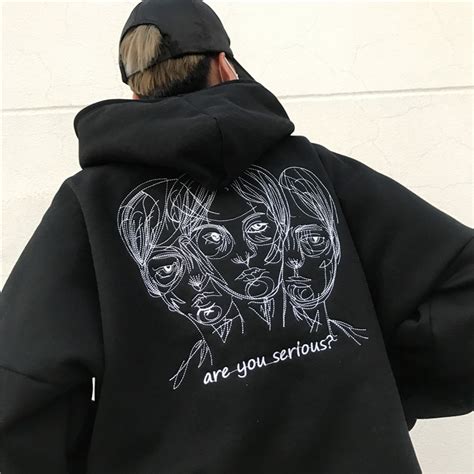 Korean Streetwear Harajuku Embroidery Character Graphic Hooded Loose