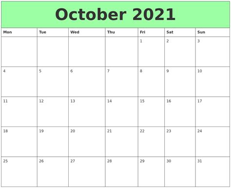 October 2021 Printable Calendars