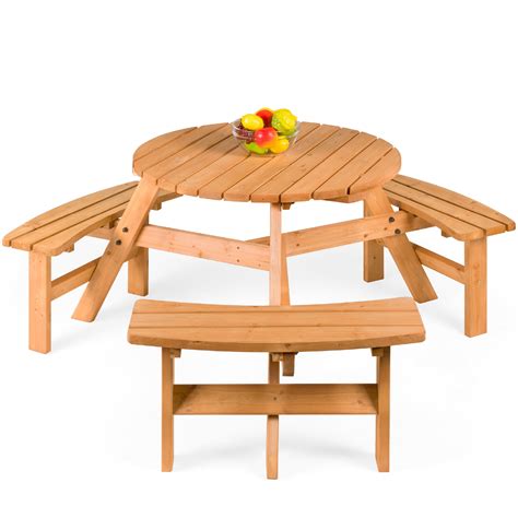 Buy Best Choice Products 6 Person Circular Outdoor Wooden Picnic Table With 3 Built In Benches