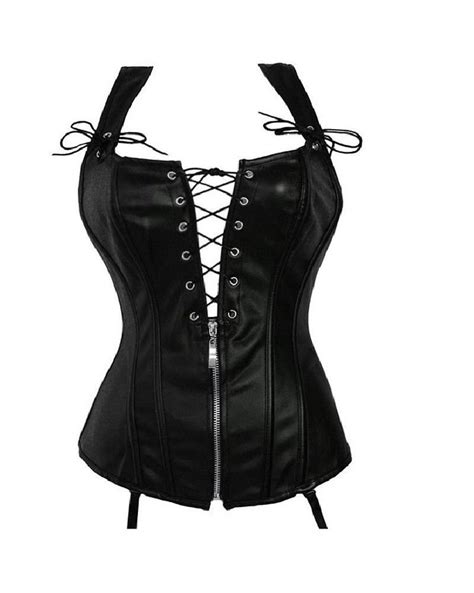 Black Leather Lace Zip Shoulder Straps Gothic Steampunk Bustier