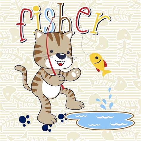 Premium Vector Fishing With Funny Cat Cartoon