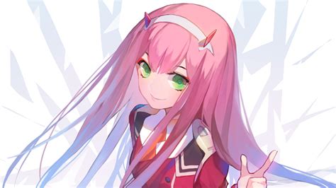 Darling In The Franxx Green Eyes Zero Two With Background Of White And