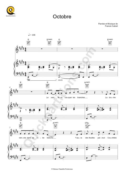 Partition Piano Octobre De Francis Cabrel