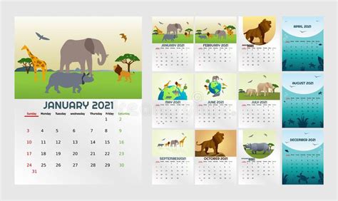 Animal Themes Calendar 2021 Vector Illustration Stock Vector