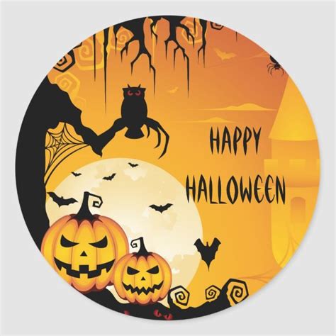 A Happy Halloween Sticker With Pumpkins And Bats