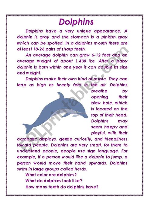 Dolphins Esl Worksheet By Mihaelam13