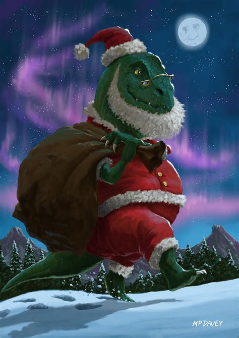 Dinosaur Christmas Santa Out In The Snow Digital Art By Martin Davey